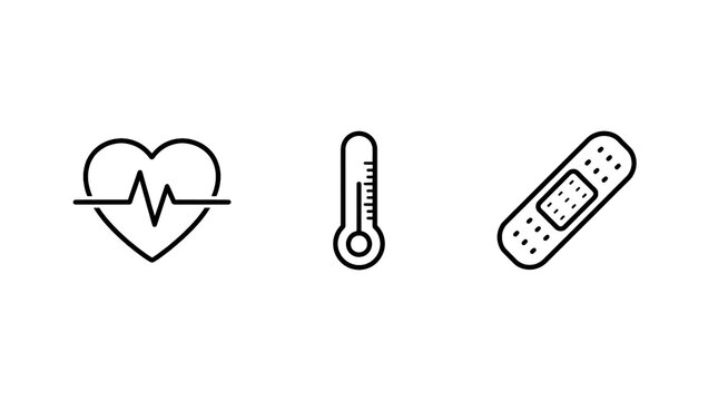 Three medical icons representing health thermometer with simple line on transparent background