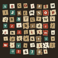 Ransom note style alphabet and numbers, cut-out paper letters and digits on dark background typography © Saneya