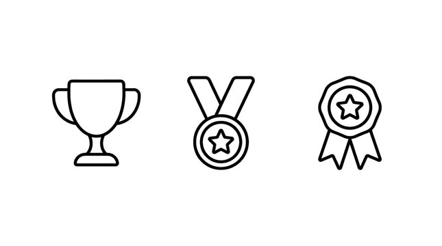 Three achievement symbols with Line drawn icons trophy cup, cup medal on transparent background