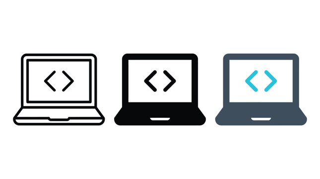 Laptop icon set with coding symbol, computer display with programming brackets, web development and software engineering vector illustration