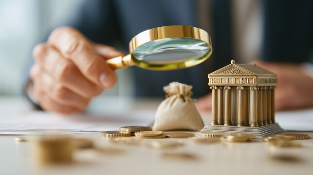 Business professional examining a miniature bank with a magnifying glass, coins and money bag on a desk, representing financial investigation, banking analysis, audit and investment risk.