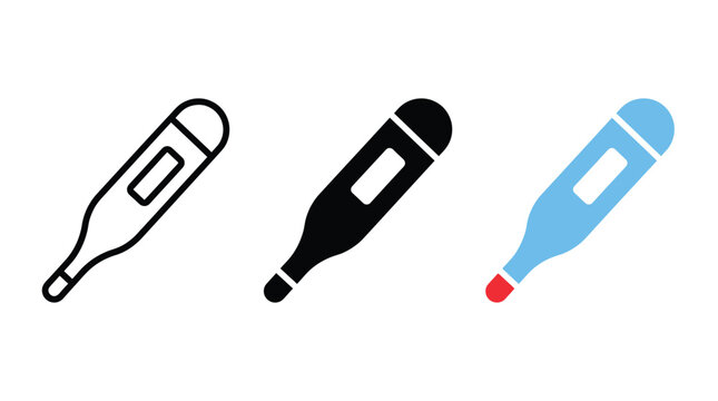 Set of digital thermometer icons, representing medical health check, fever measurement, or healthcare, in outline, solid, and colored vector styles