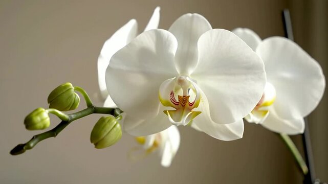White orchid flower in bloom with green buds close up botanical peaceful nature background phalaenopsis