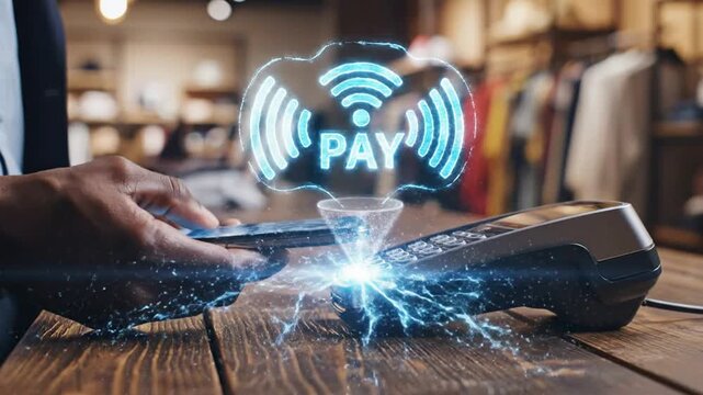 Contactless mobile payment with hologram contactless pay technology in retail store checkout counter contactless payment