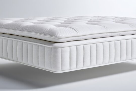 White mattress with plush quilted pillow top, deep tufting, cushioned edges, and vertically stitched side panels floating against a soft neutral studio background