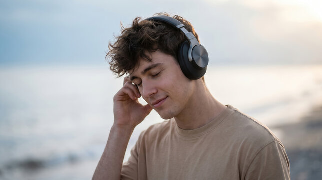Young man wears modern wireless headphones outdoors by ocean coast at sunset. Relaxed person enjoys audio tracks with closed eyes while standing alone on serene beach during peaceful twilight.