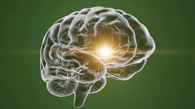 Transparent human brain anatomy with glowing neural activity and synapse flash animation for medical and science projects