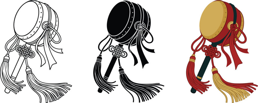 Korean janggu drum with traditional tassels and knots on handle for cultural events