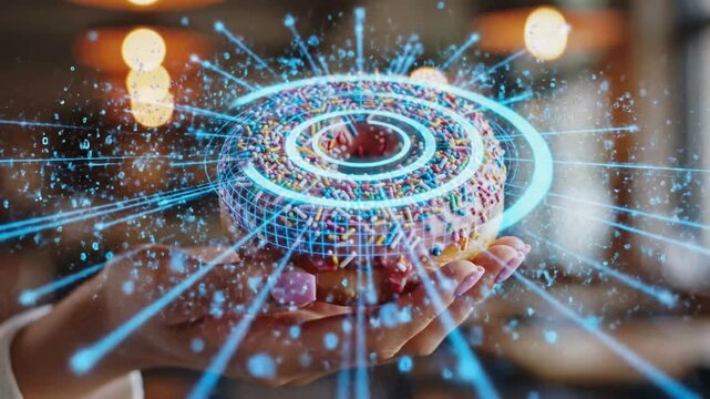 Futuristic holographic donut with glowing blue digital scan lines and data particles in hands futuristic food