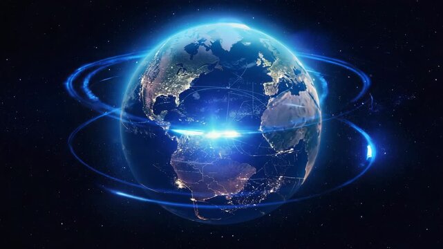 Connected Earth with glowing blue orbital data rings