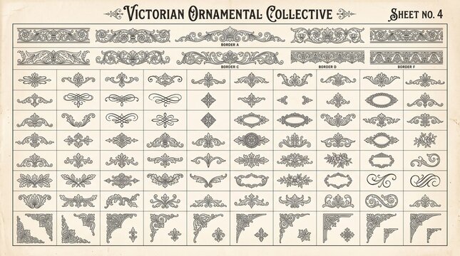 Victorian ornamental collective sheet containing black ink engraved filigree borders and corner flourishes. Vintage decorative scrollwork dividers and antique typography assets for historical design