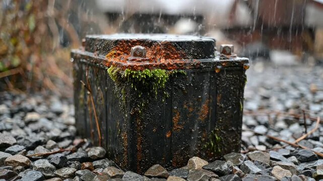 Heavy rain falling on an old, rusted, and moss-covered industrial battery abandoned on gravel ground outdoors