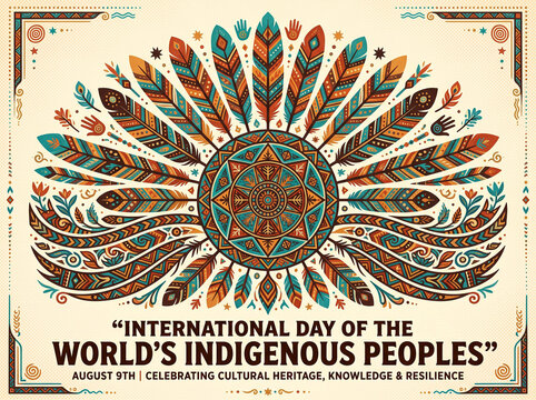 International day of the worlds indigenous peoples poster with ethnic tribal mandala and feather headdress ornament for cultural heritage celebration