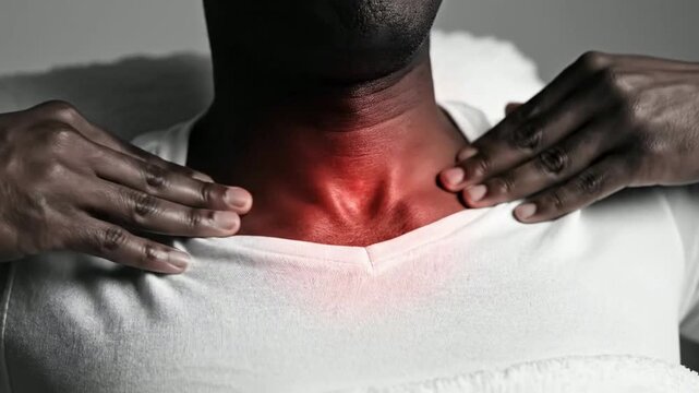 Man touching neck with sore throat and painful thyroid inflammation, healthcare concept throat pain neck pain