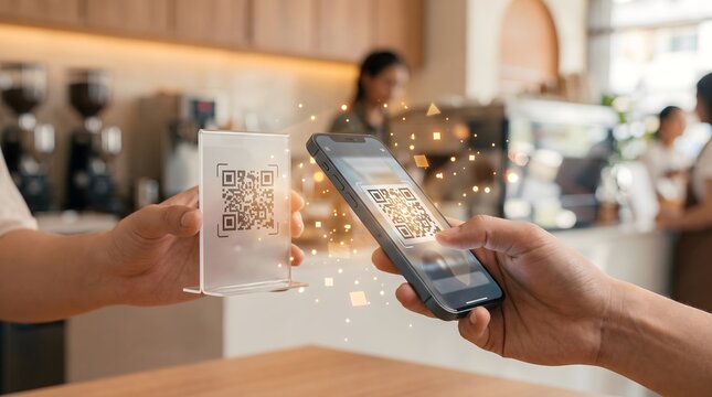 A photograph of two hands holding smartphones with QR codes, displaying a digital connection in a modern, brightly-lit coffee shop.