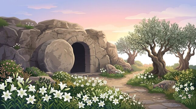 Empty stone tomb cave with rolled stone entrance at sunrise