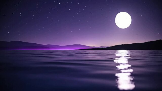 Peaceful night landscape with full moon reflecting on calm ocean water, starry purple sky, and distant mountain horizons