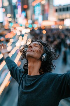 Man with headphones arms outstretched enjoying music in neon city night background for immersive lifestyle poster and energetic urban design