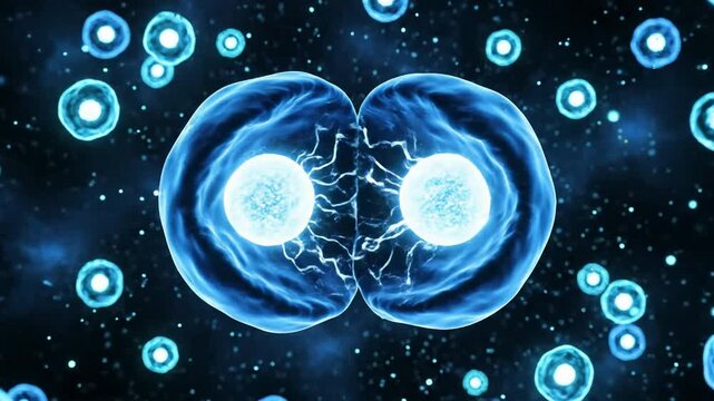 Cell division mitosis animation: glowing biological cells splitting and multiplying in microscopic scientific laboratory environment