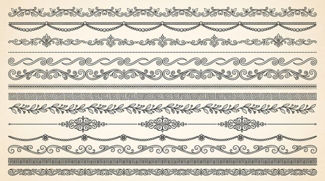 Vintage decorative borders and dividers collection. Features ornate flourishes, classic floral scrolls, and retro lines. Elegant graphic elements for certificate frames and stationery design.