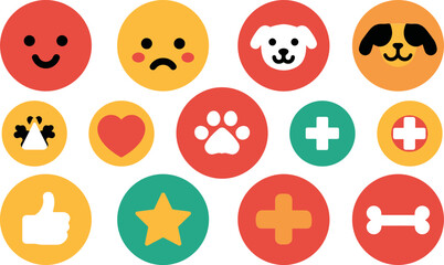 Obraz premium Pet care icon set vector. Includes symbols for happy face, sad face, dog head, paw print, heart, star, and bone. Colorful flat vector icons for veterinary clinic and pet shop.