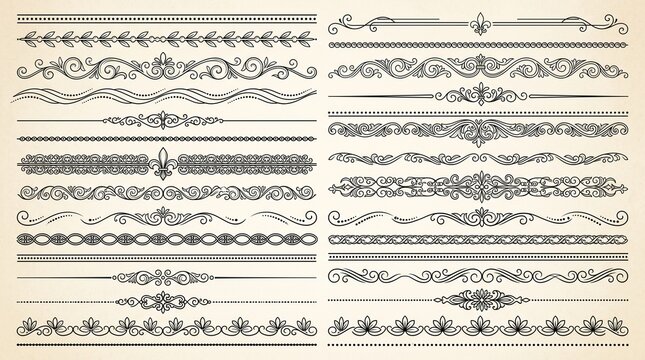Vintage ornamental divider and flourish set. Includes retro scrollwork, flourishes, borders, and decorative lines. Classic retro graphic elements for certificate and page layout design.