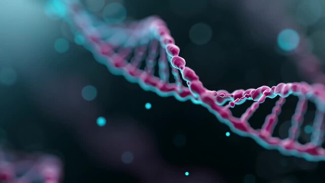 Glowing DNA double helix rendered in pink and cyan with shallow depth of field, illustrating genetics, biotechnology, molecular science, genomic research, and futuristic laboratory innovation.