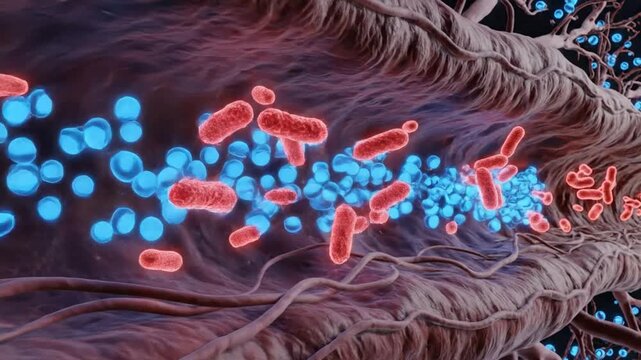 Microscopic 3D animation of red cells and bacteria flowing through a vessel for medical and science education