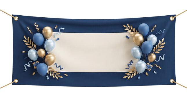 Blue banner with gold and blue balloons and confetti PNG with transparent background