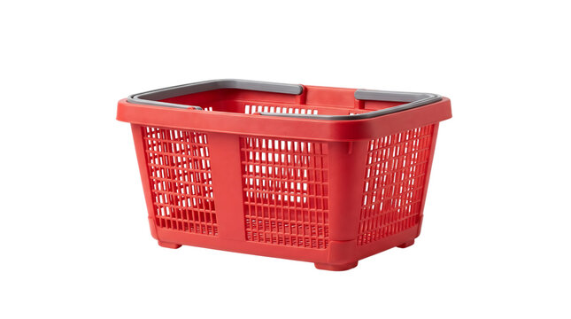 Red shopping basket with grey handles isolated on transparent background PNG