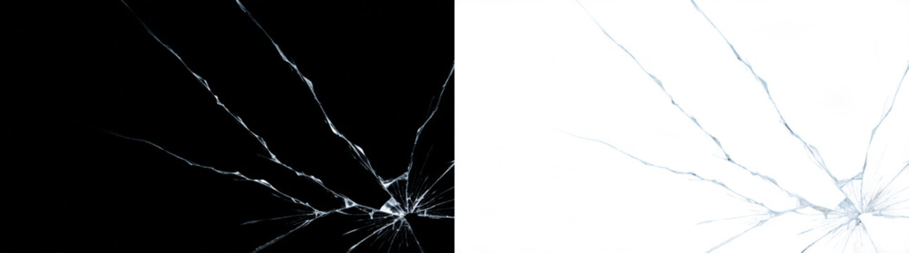 Broken glass crack overlay texture, cracked screen shattered glass effect on black and white background