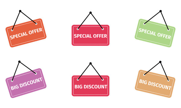 Set of hanging sale signs with special offer and big discount