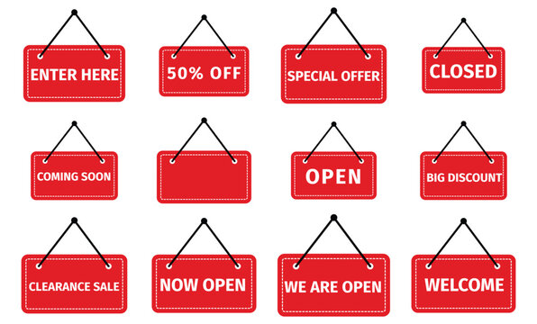 Set of red hanging signs with various business and sale messages like open, closed, sale, and welcome