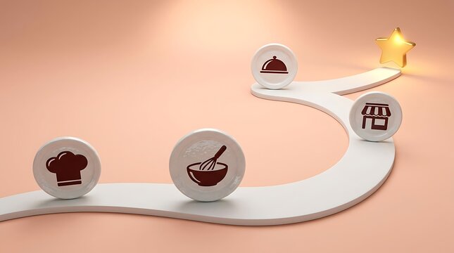 Cooking process path with chef hat bowl and restaurant icon featuring soft peach background for culinary career roadmap