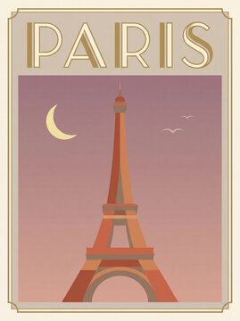 Vintage Paris Travel Poster: Eiffel Tower in Paris at Night Minimalist Illustration