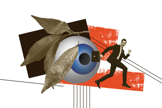 Contemporary poster trend art collage of angry man scream run fear eyeball stalker observer stare look leaves control wear formal suit