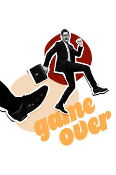 Composite 3d zine pop trend collage of puzzled businessman run fired job game over boss leg punch redundancy crisis jobless