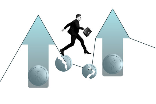 Sketch template design photo collage of young man run arrow up broken coins investor finance downwards economy business reduction deposit