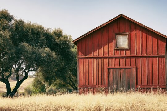 Rustic red wooden barn with weathered facade, shuttered window, olive trees, and dry golden grass beneath a pale blue sky in a sunlit rural countryside