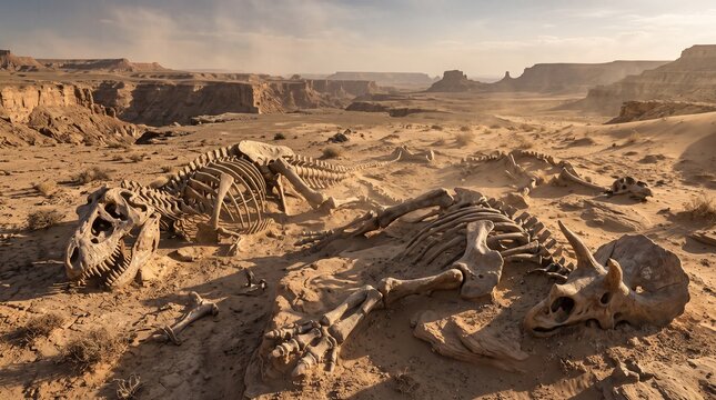 Realistic dinosaur skeleton remains exposed in arid desert landscape