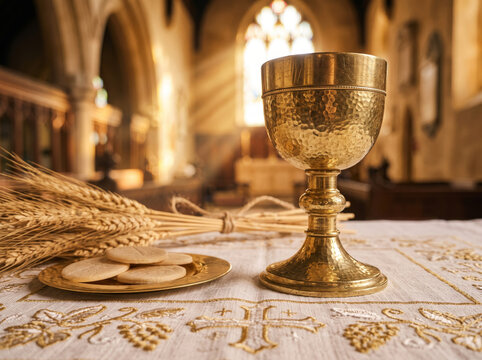 Sacred Golden Chalice With Wheat Stalks On Altar Cloth