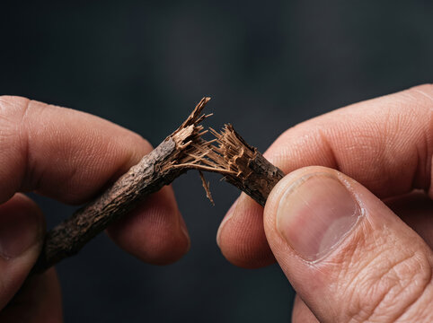 Hands snapping dry wood bark and brittle twigs with fingers