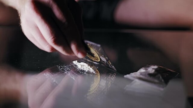 Hand uses a card to arrange white cocaine powder on a dark glass table