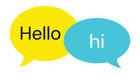 Speech Bubbles with Hello and Hi: Two colorful speech bubbles, one yellow with Hello and one blue with Hi, symbolize communication and conversation, representing a friendly exchange of greetings. © Vector By Thakur