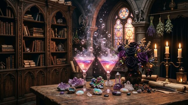 Mystical Gothic Alchemy Table with Glowing Crystal Cocktails and Amethyst Stones