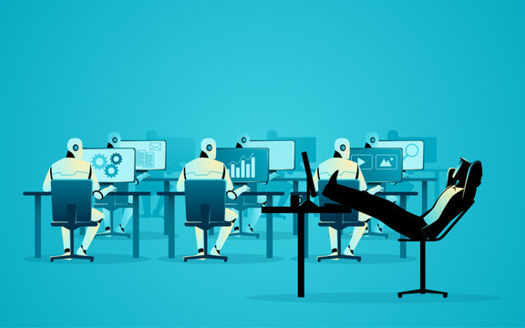 Agentic AI concept showing autonomous AI agents performing multiple business tasks while a businessman relaxes, representing AI workforce automation, productivity gains, and the future of work.