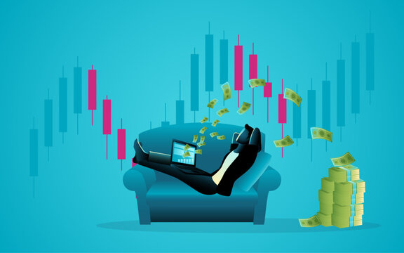 Stock market investment concept with a relaxed man monitoring financial markets on a laptop as cash flows and money stacks grow, representing ROI, passive income, financial freedom and online trading.