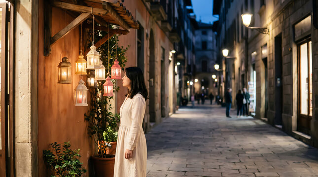 Hoi An Vietnam street scene with woman and illuminated lanterns at night