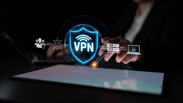 Digital Illustration of Virtual Private Network Concept with Modern Technology Elements and Hands Utilizing Laptop Device in Dark Environment Sigmoid