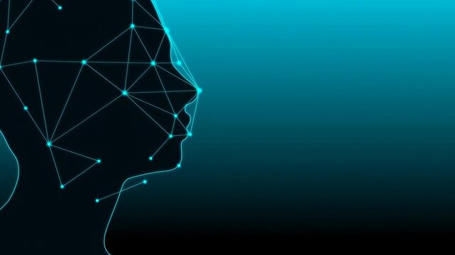 Human profile silhouette develops a glowing cyan network of points and connecting lines across head and face, set against a dark teal gradient background with clean side-view composition